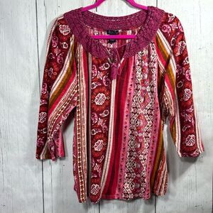 Vintage Boho Cottagecore Peasant Top Crochet Trim Pink XL Hippie Gypsy Festival